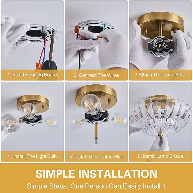 Mid Century Modern Gold Semi Flush Mount Ceiling Light Fixture,3 Lights Flower Glass Close to Ceiling Lighting Fixtures for Bedroom Hallway Kitchen Foyer Bathroom Closet Laundry Room 11.8 inch