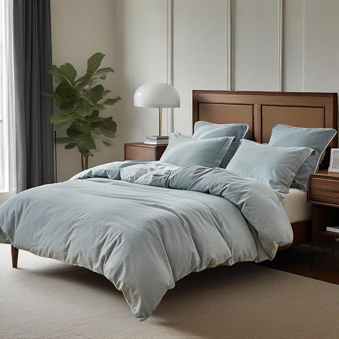 Simple&Opulence 100% Linen Duvet Cover Set, 3 PCS Natural French Flax Dusty Blue Duvet Cover Full Size, Breathable Soft Comfy Linen Bedding Comforter Cover with 2 Pillowcases(Dusty Blue, 78"x86")