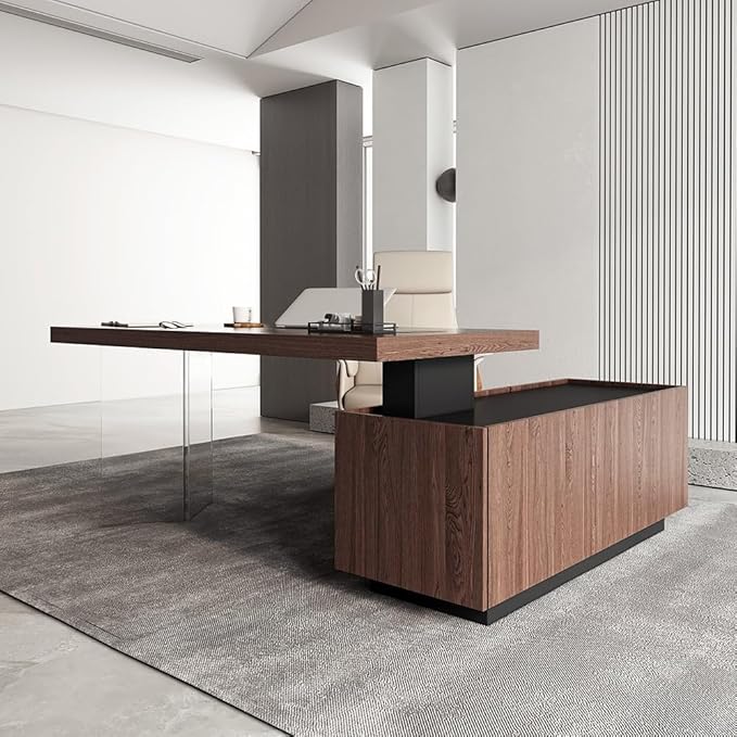 homary 71.5" Modern L-Shaped Desk, Home Executive Office Desk with Lift-Top & Storage Cabinet Walnut Productivity & Ergonomic Comfort Standing Desk for Study, Home Office, Office