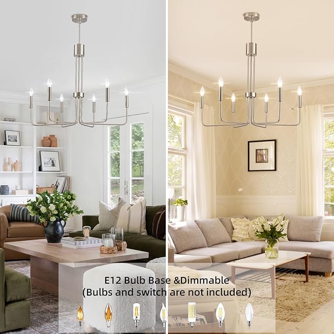 6 Lights Brushed Nickel Chandeliers for Dining Room - Modern Farmhouse Chandelier for Entryway Foyer Rustic Industrial - Dining Light Fixture High Ceiling for Bedroom Kitchen Vintage Silver