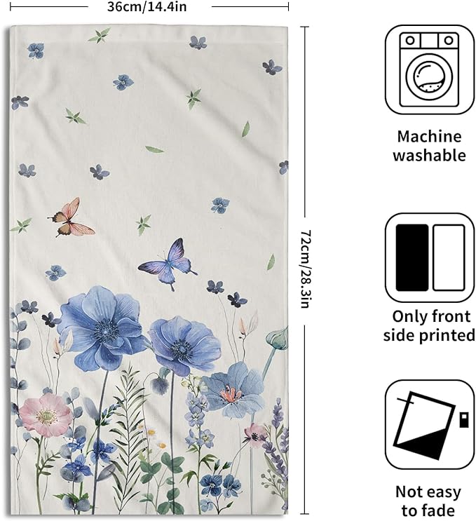 Spring Kitchen Towels Wild Flowers Set of 2 Butterfly Floral Absorbent for Home Gym Spa Blue