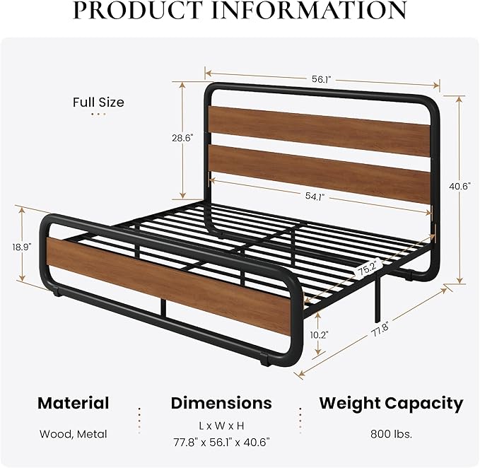 SHA CERLIN Full Size Metal Bed Frame with Wooden Headboard and Footboard, Heavy Duty Platform Frame with Under-Bed Storage, Noise Free, No Box Spring Needed, Vintage Walnut