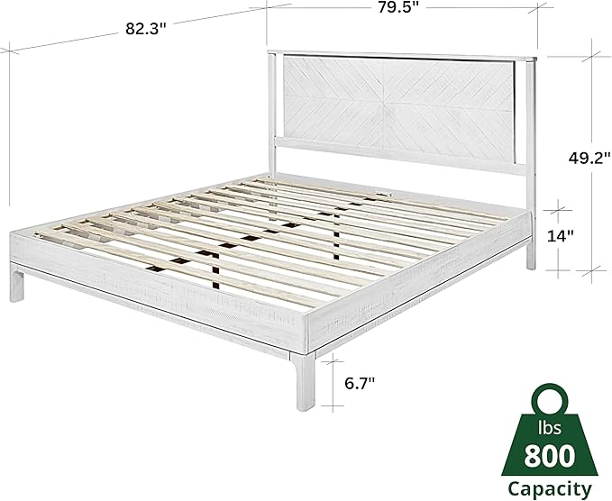 Bme Vivian 14 Inch Deluxe Bed Frame with Headboard, Rustic & Scandinavian Style with Solid Acacia Wood, No Box Spring Needed, 12 Strong Wood Slat Support, Easy Assembly, King, Rustic White