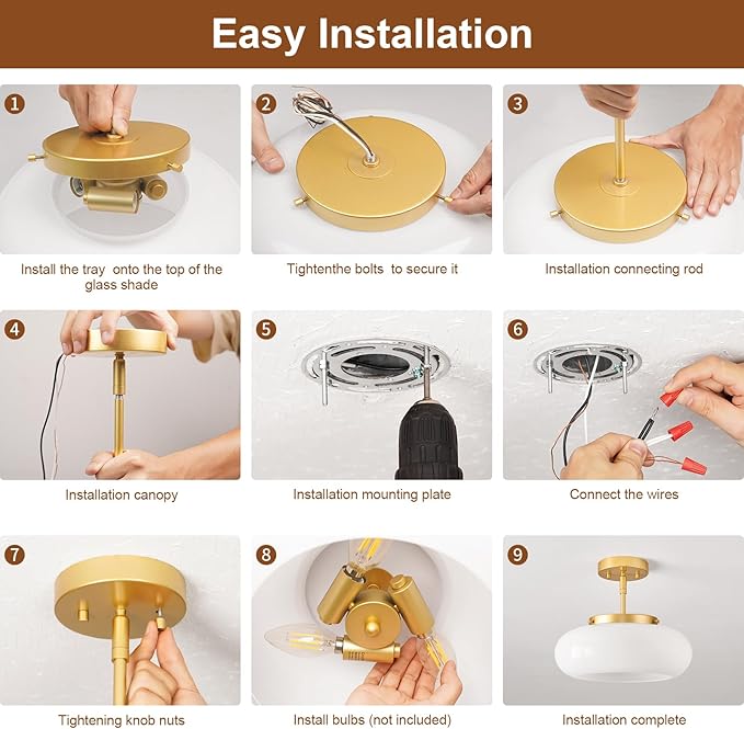 Mid-Century Modern Gold Semi Flush Mount Ceiling Light, 3-Light Kitchen Light Fixtures with Glass Shade for Entryway Hallway Bathroom Bedroom (12.6 Inch)