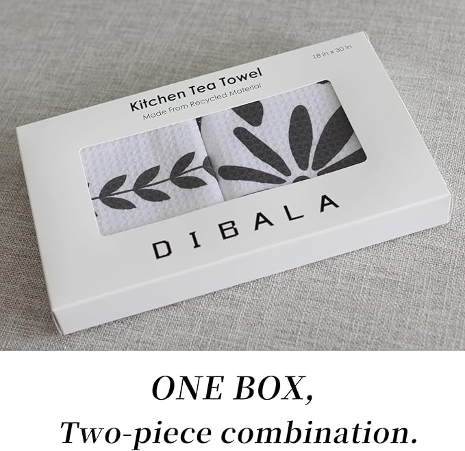 DIBALA Dish Towels Set of 2 Quick Dry Microfiber Kitchen Towels with Hanging Loop 18x30, Black White Daisy