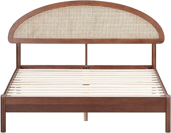 NTC Gem Wooden Bed Frame with Headboard and Natural Rattan, Solid Oak/Rubber Wood Foundation with Silent Slats, 1000 Lb Capacity, Effortless Assembly (Natural Cane - Dark Walnut, Queen)