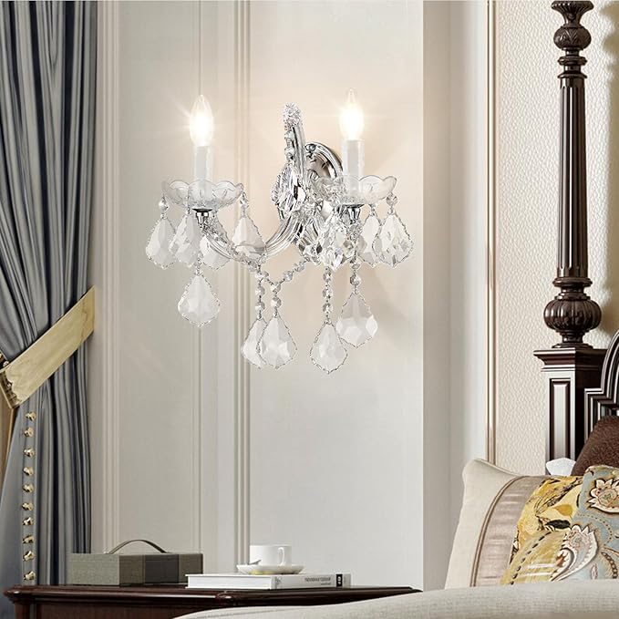 Crystal Wall Sconce Lighting, 2-Light Modern Crystal Wall Light Fixture Bathroom Maria Theresa Wall Lamp Light Fixtures Chrome Wall Sconce Light Wall Mounted Lamp for Living Room,Bedroom,Indoor