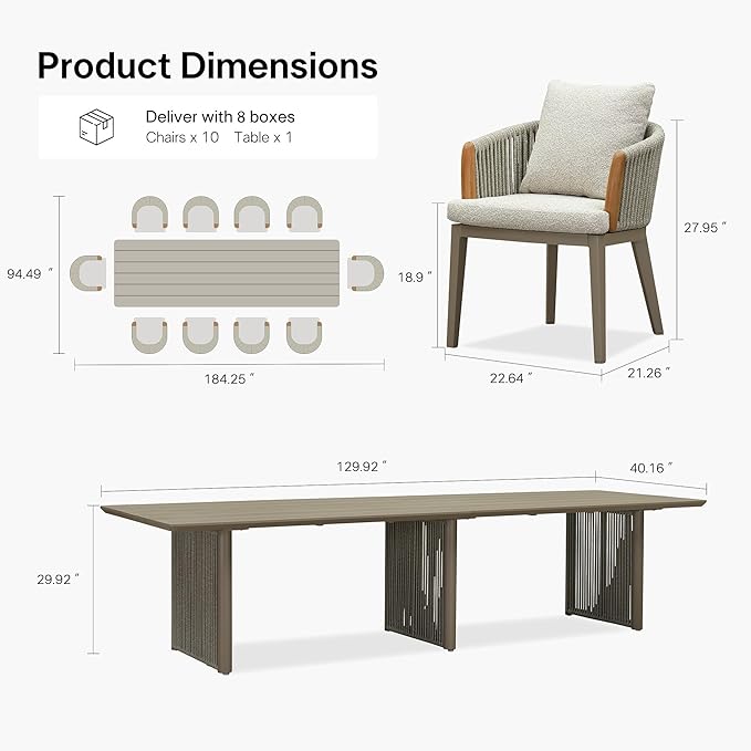 PURPLE LEAF Outdoor Dining Table Set for 10, Aluminum Outdoor Patio Table and Chairs Set with Olefin Cushions, 11 Pieces Patio Furniture Set for Garden or Deck, Beige