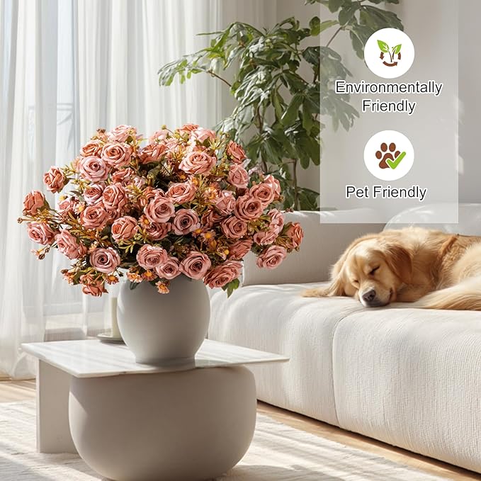 Artificial Flowers for Outdoor 4 Bundles Rose Bouquet with Daisy Faux Flowers UV Resistant for Home Indoor Outside Garden Porch Window Box Balcony Yard Porch Decor (Brown)