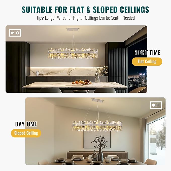 Siljoy Large Rectangular Crystal Chandelier, Modern Oval Brushed Nickel 2-Tiers K9 Crystal Raindrop Chandelier Ceiling Light for Dining Room, Living Room Kitchen Island Bar, E12 x 20, L52''