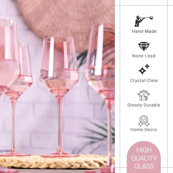 Physkoa Pink Wine Glasses Set 6-15oz Crystal Blush Pink Wine Glasses With Long Stem and Thin Rim,Perfect Pink Colored Wine Stemware for Wine Lover in Wedding,Bridal Shower