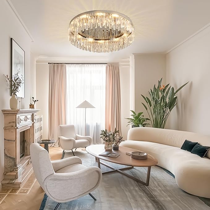 Modern Chandelier for Living Room, 24in Flush Mount Crystal Ceiling Light Fixture Chrome Large Raindrop Chandelier Lighting Fixture for Dining Room Living Room Bedroom Kitchen