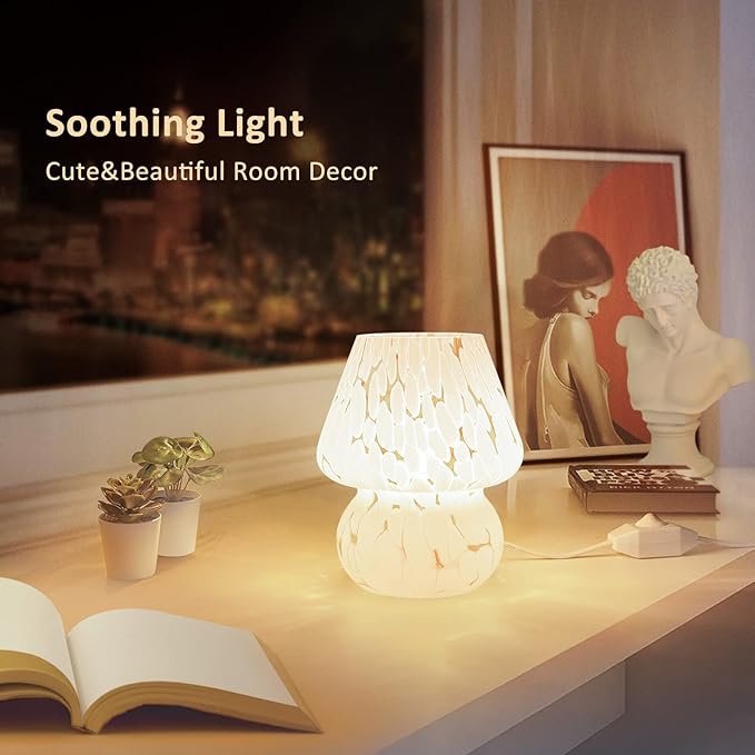 ONEWISH Cute Mushroom Lamp Small Table Lamp Set of 2 Stepless Dimmable, Translucent Glass White Nightstand Lamp for Bedroom Dorm Kids Room Living Kitchen, Murano Aesthetic Home Decor