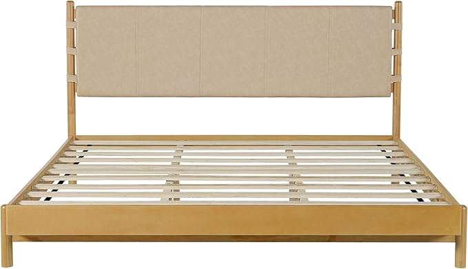 Premium Rubber Wood Platform Bed Frames, King Size Headboard Included, Mid Century Modern Beds, Beige