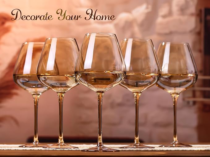 Physkoa Amber Brown Wine Glasses Set of 6-18oz Long Stemmed Dark Amber Wine Glass,Hand Blown Fall Wine Glasses