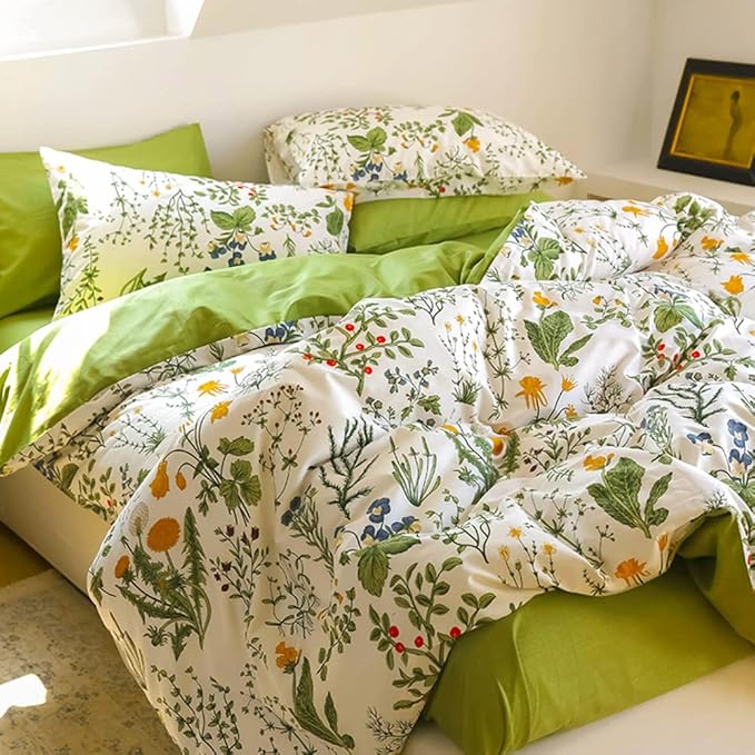 CLOTHKNOW Green Floral Full Size Comforter Sets 3Pcs Boho Bedding Comforter Sets Botanical Comforter with 2 x Pillow Cases