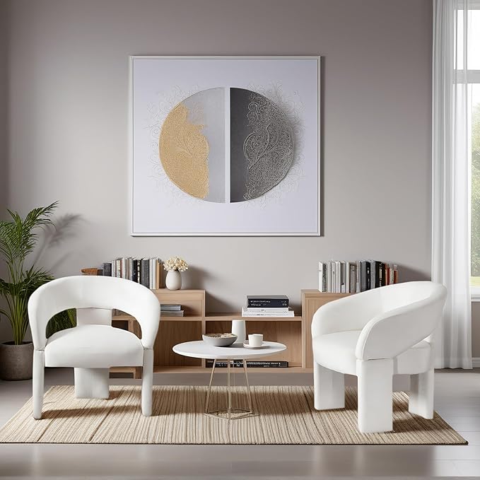 Modern Accent Chairs Set of 2 Cream Velvet Round Barrel Armchairs Comfy Upholstered Lounge Chair for Living Room Bedroom Reading Chair Vanity Chair Comfy Office Waiting Room Chairs