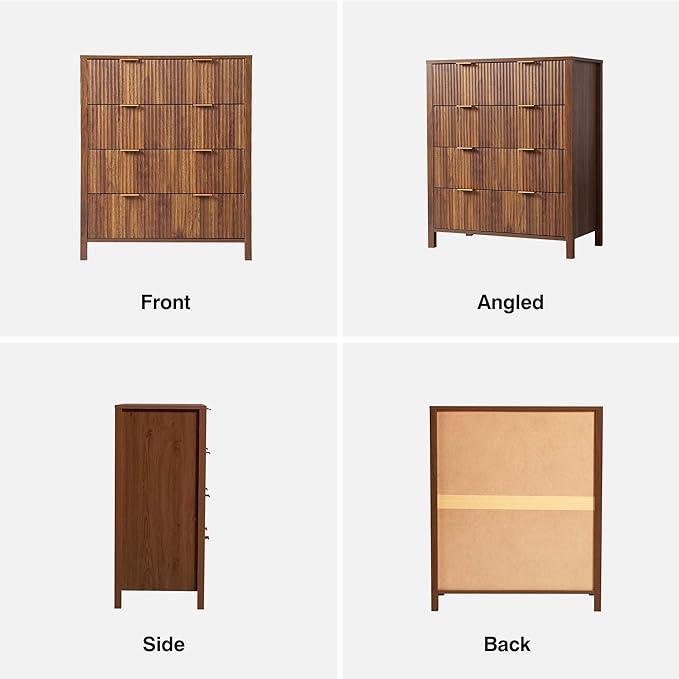 4 Drawer Dressers for Bedroom, Modern Closet Chest of Drawers with Waveform Fluted Panel, Large Wood Storage Dresser Organizer for Nursery Bedroom Living Room Hallway Closet, Walnut
