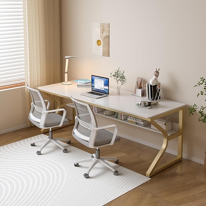 Extra Long Desk with Bookshelf - 71" Double Long Writing Table for 2-Person Workstation, Modern Study Work Computer Desk for Home and Office, Gold