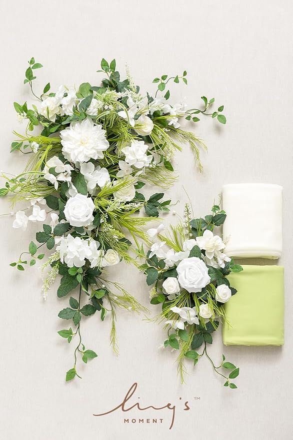 Ling's moment Wedding Arch Flowers Kit Pack of 4, 2pcs Hanging Artificial Flower Arrangements 2pcs Chiffon Drapes, Spring Ceremony Reception Fake Rose Arbor Backdrop Floral Outdoor Decor, White Green