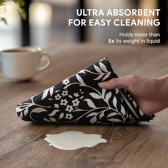 RECYCO Waffle Kitchen Towels Set of 2 Quick Dry Microfiber Sustainable Lightweight Hand Towels Black White Florals 16x28