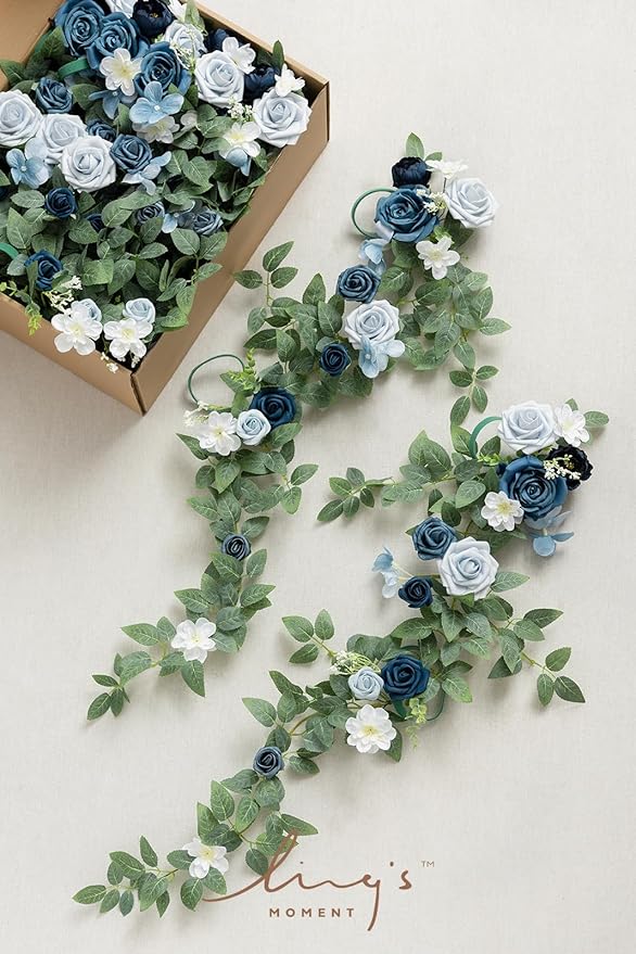 Ling's Moment 10pcs Wedding Chair Decorations Aisle Floral Swag Artificial Pew Flowers Hanging Garland Dusty Blue & Navy for Ceremony Reception Church Rose Floral Faux Arrangement Party Outdoor Decor