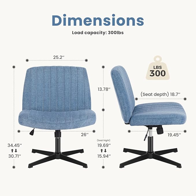 DUMOS Desk Chair No Wheels, Criss Cross Chair Wide Cross Legged Desk Vanity Comfy Chair, Armless Adjustable Swivel Chairs for Home Computer Task Blue