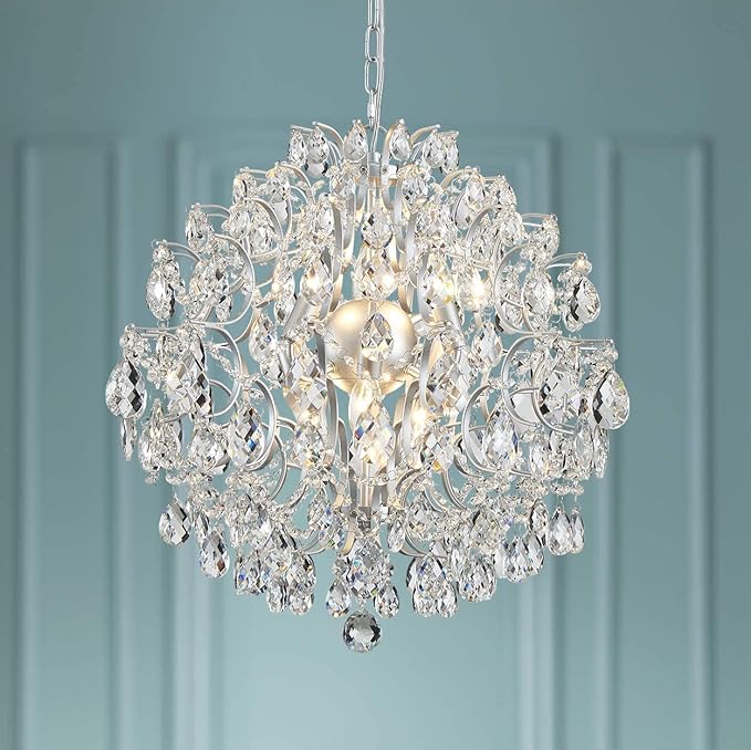 Bestier Silver Modern Pendant Chandelier Crystal Raindrop Lighting Ceiling Light Fixture Lamp for Dining Room Bathroom Bedroom Livingroom 6 E12 Bulbs Required D19 in x H21 in