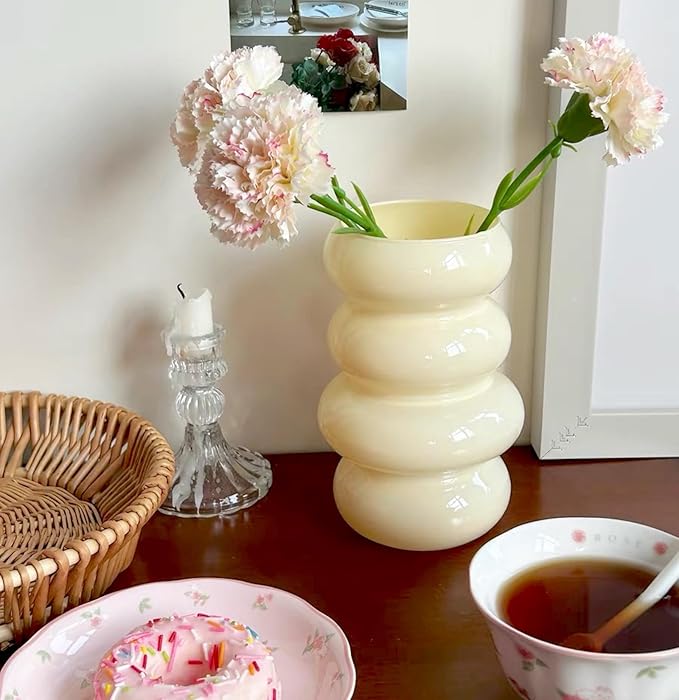 BLOFLO Colored Glass Hydroponic Flower Vase - 7-Inch Milky Yellow Geometric Glass Vase for Modern Home Decor and Office