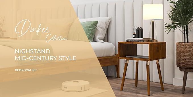 Bme Dinkee Solid Wood Nightstand Bedside Table Without Drawer for Mid Century Bedroom and Living Room, Caramel