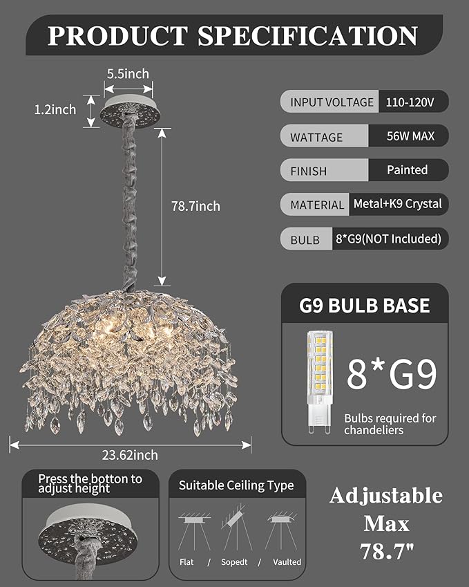 Modern Crystal Chandelier for Dining Room, 8-Light 23.62" Chrome Tree Branch Chandeliers, Luxury K9 Crystal Rectangular Chandeliers for Kitchen Island Living Room