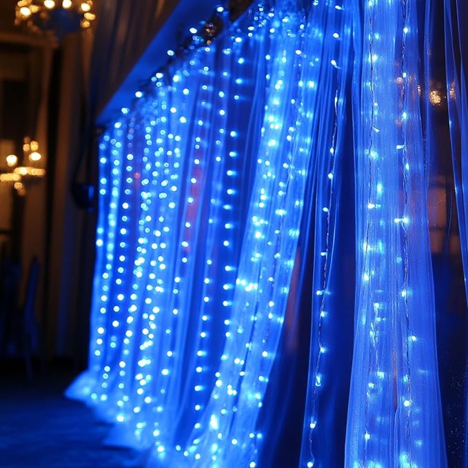 Dazzle Bright 300 LED Curtain String Lights, Christmas Fairy Lights for Bedroom with 8 Lighting Modes, Connectable Waterproof Window Lights Party Wedding Garden Wall Decor, Blue