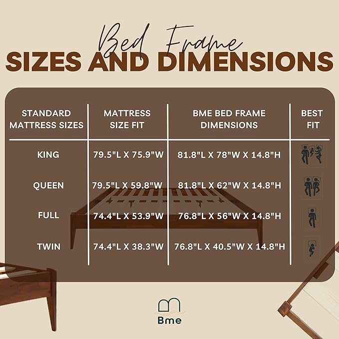 Bme Dinkee King Bed Frame Wood 15 Inch - Solid Wood Platform Bed Frame - Japanese Joinery Bed - Modern & Minimalist Style - Wood Slat Support - Easy Assembly - No Box Spring Needed - Chocolate