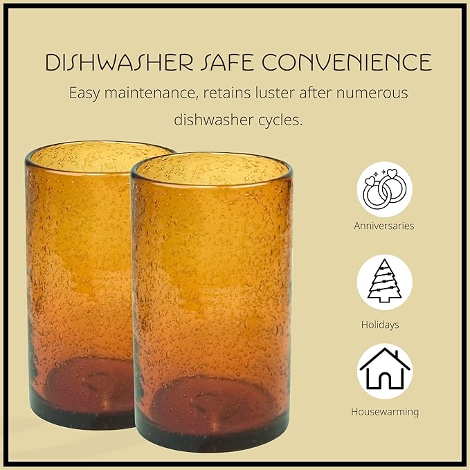 Artland 17oz Highball Tumbler, Set of 4 | Iris Seeded Design, Amber | Drinking Glass for Parties and Everyday Use - Mojito, Whiskey, Cocktail | Glassware & Kitchenware Essentials
