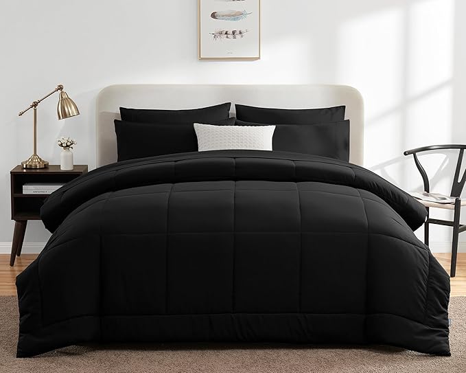 CozyLux Queen Comforter Set Black, 7 Pieces Bed in a Bag, Black Comforter Queen Size, All Season Bedding Sets with Stitch Quilted Comforter, Flat Sheet, Fitted Sheet, Pillowcases