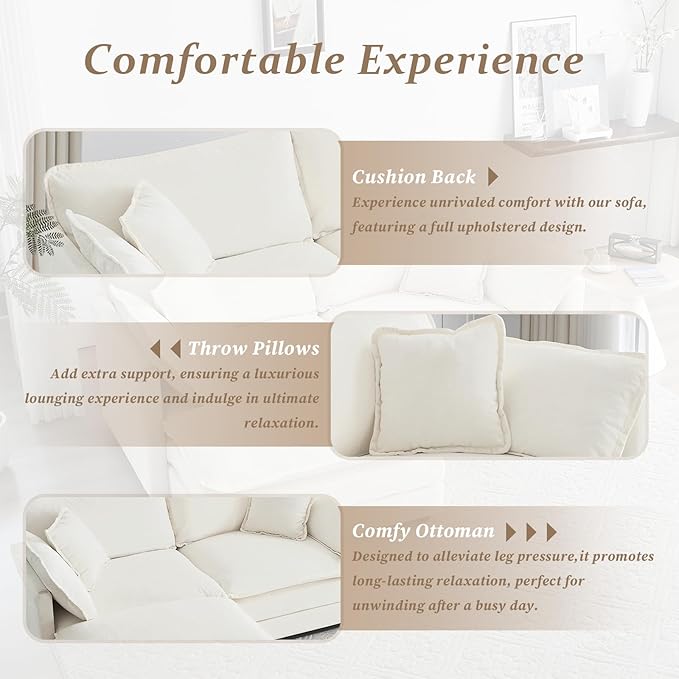 SoarFlash Chenille Sectional Sofa, Comfy L Shaped Modular Coush Sofa with Ottoman, Modern 2 Seat Couch Deep Seat Sofa Set for Living Room,White