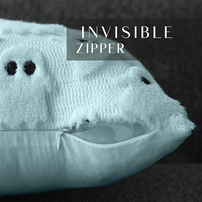 DFXSZ Halloween Pillow Covers 18x18 inch Set of 2 Blue Ghost Throw Pillow Cases Soft Plush Faux Fur Wool Cushion Case for Chair Bedroom Living Room Home Decor PTK03G18