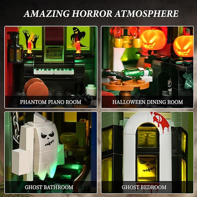 iATOM Haunted House Building Set with Lights, Halloween Mansion Building Toy Compatible with Lego for Adults, Horror Village Town Architecture Include Pumpkin Skeleton Spooky Bat Cat, F-C9987