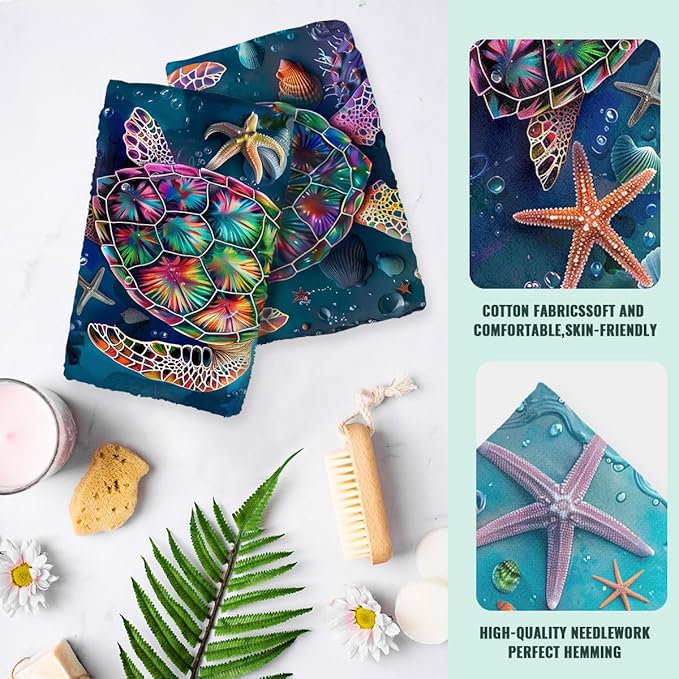 Sea Turtle Kitchen Dish Towels Set of 2 Absorbent Hand Towels 16x24 Farmhouse Starfish Seashells Sea Turtle