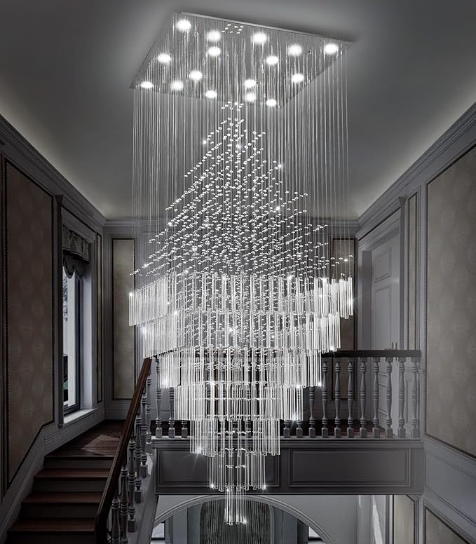 W40 x H120 Glam Chandelier with LED Bulbs Square Chandeliers, Crystal Raindrop High Ceiling Pendant Light for Entrance Large Villa Chandelier Foyer Lighting Fixtures Silver