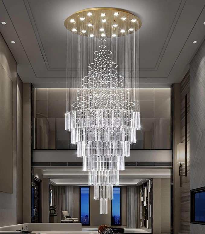 W40 x H120 Glam Chandelier with LED Bulbs Crystal Raindrop High Ceiling Pendant Light for Entrance Large Villa Chandelier Foyer Lighting Fixtures Gold
