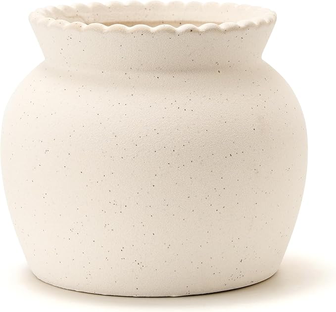 SIDUCAL Ceramic Flower Vase with Wide Mouth Lace, 4.8 Inch Pottery Rustic Farmhouse Boho Vases, Small Terracotta Vase for Home Decor, Table, Living Room, Bathroom, Shelf, Wedding, White
