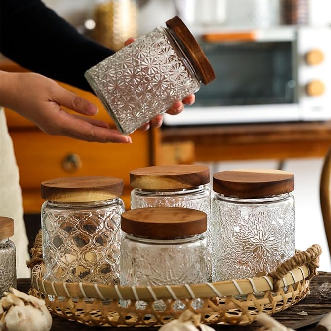 Vintage Glass Jars with Wooden Lids, 2 Pack 24 oz Airtight Glass Food Storage Containers Sets for the Kitchen, Sugar Coffee Candy Spice Cookie Tea Pasta