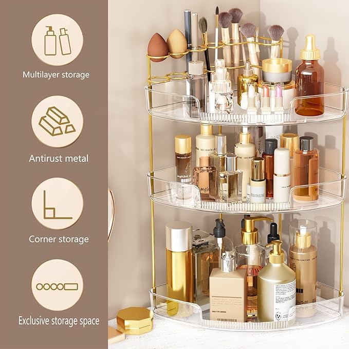 FELIZHOUSE 3-Tier Makeup Organizer for Vanity & Bathroom Countertop – Acrylic Storage Shelf with Perfume Makeup Brush Holder, Tool-Free Installation, Design for Bathroom & Dresser - Clear