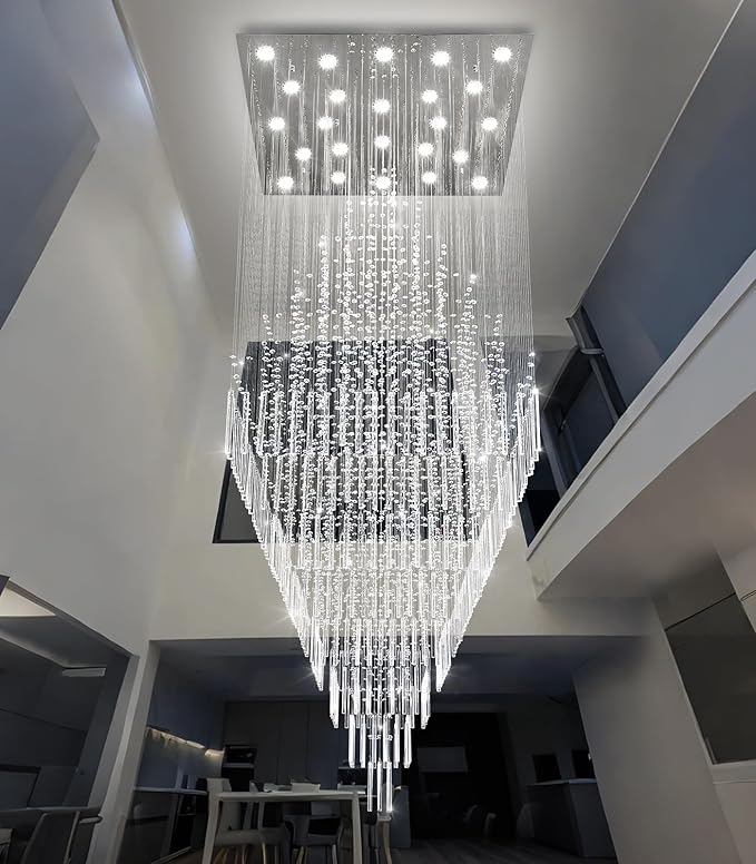 W47 x H120 Luxury Crystal Chandelier with LED Bulbs Glam Raindrop High Ceiling Square Light Chandeliers for Entrance Large Villa Foyer Living Room Lighting Fixtures Silver