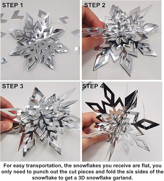 OuMuaMua Winter Christmas Hanging Decorations, 12PCS 3D Large Silver Snowflakes & 12PCS White Paper Snowflakes Hanging Garland for Christmas Winter Wonderland Holiday New Year Party Home