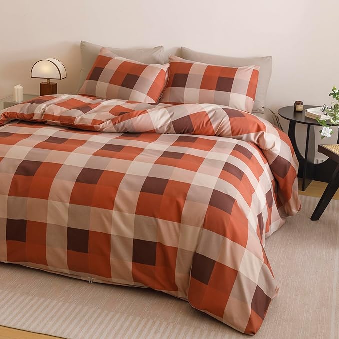 CLOTHKNOW Plaid Queen Comforter Set Gingham Buffalo Bedding Comforter Sets Rust Brown Khaki Geometric Comforter Queen Sets with 2 x Pillow Cases