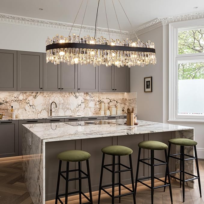 Siljoy Modern Crystal Chandelier for Dining Room, 20 Lights Large Black Rectangular 2-Tiers K9 Crystal Raindrop Chandelier Pendant Ceiling Light Fixture for Living Room Kitchen Island Bar L52’’