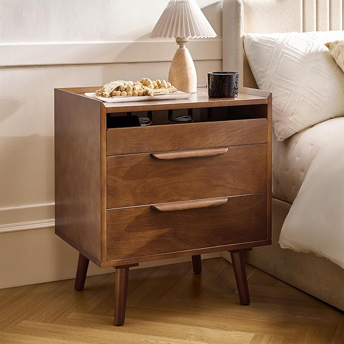 HULALA HOME Nightstand with Charging Station, Mid-Century Modern 2 Drawer and Open Shelf Bedside Tables, Wood Night Stand with USB Ports and Outlets for Bedroom Set of 2, Acorn