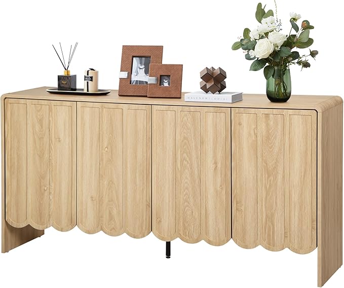 ORRD Sideboard Buffet Cabinet, Accent Storage Cabinets with 4 Doors, Farmhouse Wood Cabinet with Adjustable Shelves and Wave Panel for Living Room, Dining Room, Entry - Natural